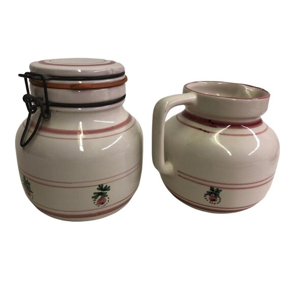 Other - Canister Pitcher Italy Ceramic Glazed Metal Latch Pink Trim Cherry Vintage